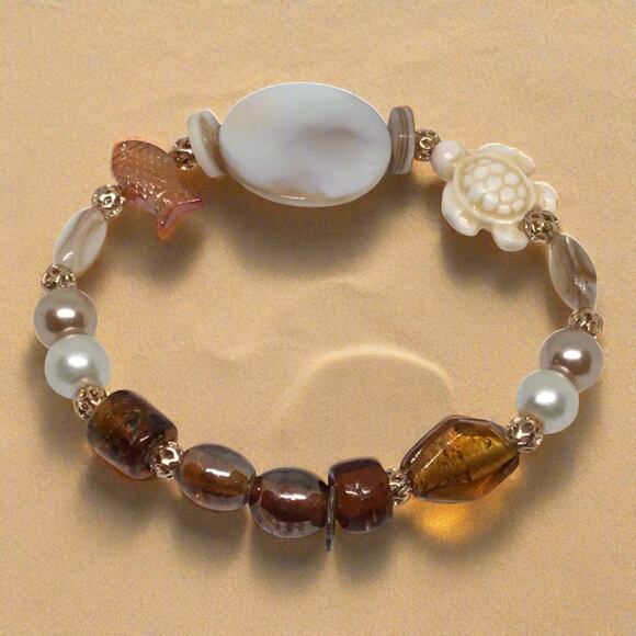 Natural Shell Stone Glass Coastal Chic Affirmation Eclectic Handmade Bracelets - Picture 4 of 6